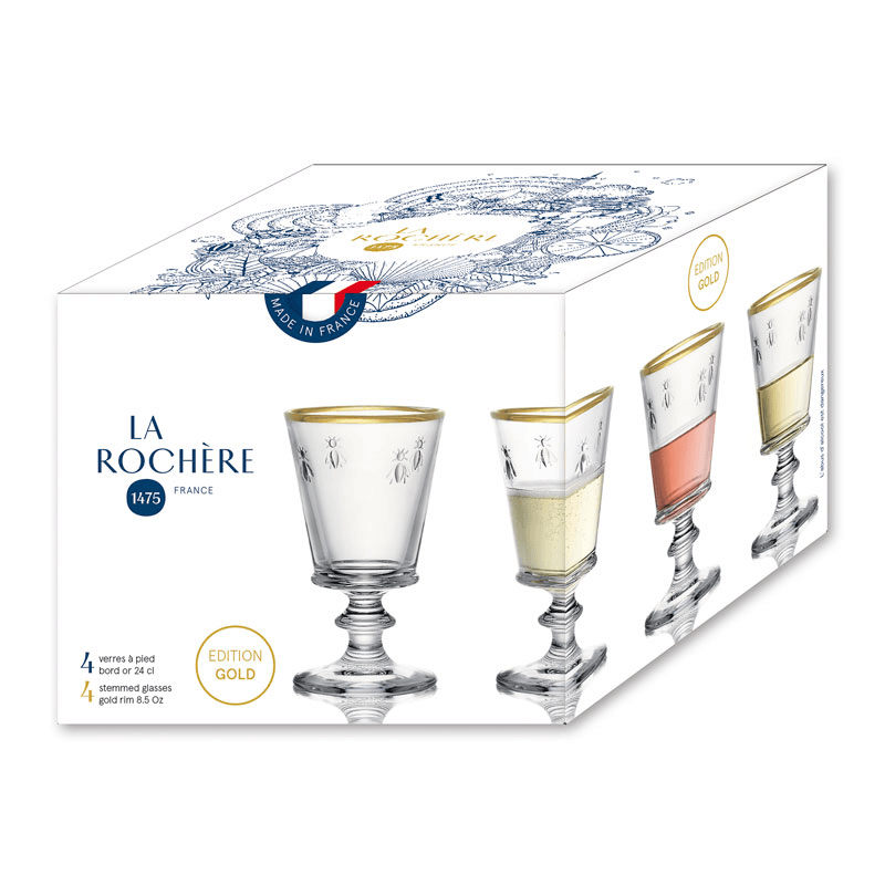 Bee Set of 4 Wine Glasses, 240ml, Clear with Gold Rim