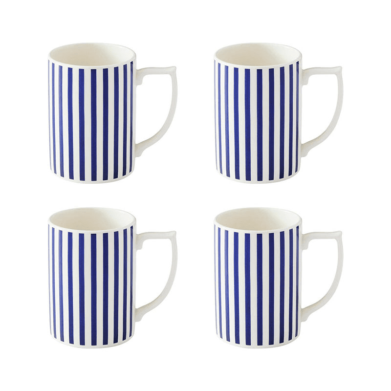 Stecatto Set of 4 Mugs, 340ml, White and Blue Narrow Stripe