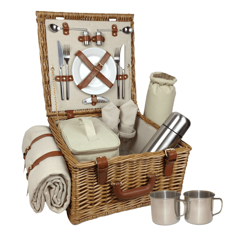 Deluxe Picnic hamper - 2 person, 38 x 38 x 21cm, Cream/Brown