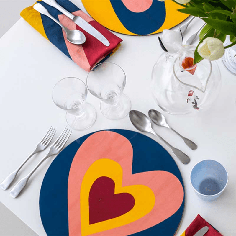 Heart Set of 6 Round Assorted Placemats, D34cm, Multi