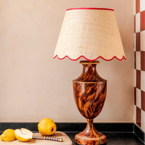 Image showing the Raffia Scallop Medium Lampshade, Red Trim product.