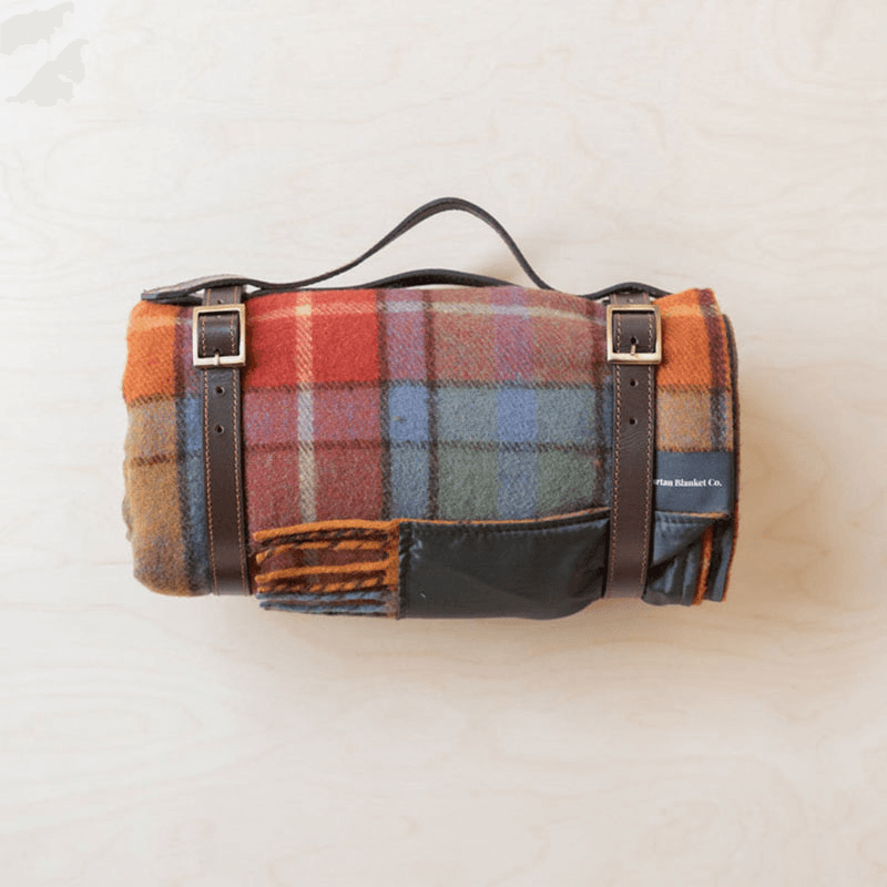 Recycled Wool Picnic Blanket with Brown Leather Carrier, 140 x 190cm, Buchanan Antique Tartan