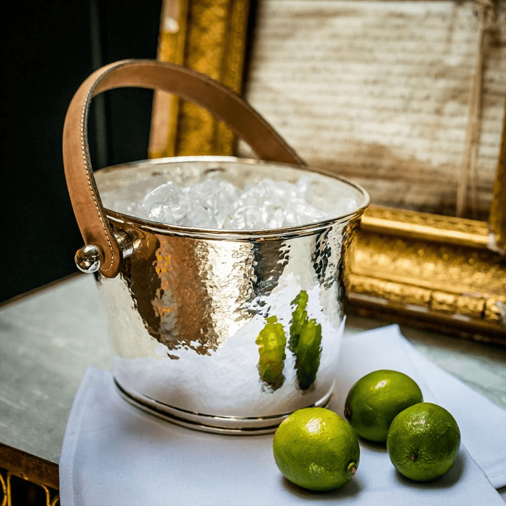 Leather Handled Ice bucket, H15 x D23cm, Hammered Silver Plate