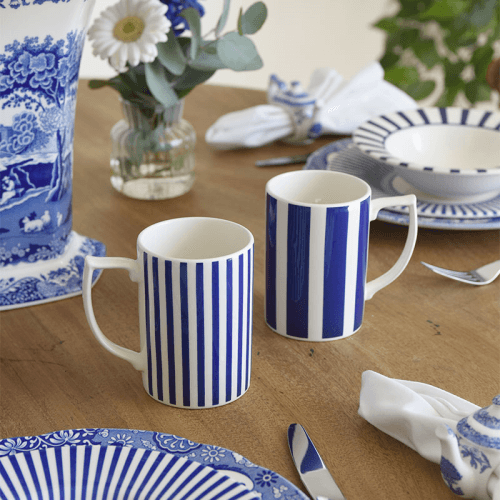 Image showing the Stecatto Set of 4 Mugs, 340ml, White and Blue Bold Stripe product.
