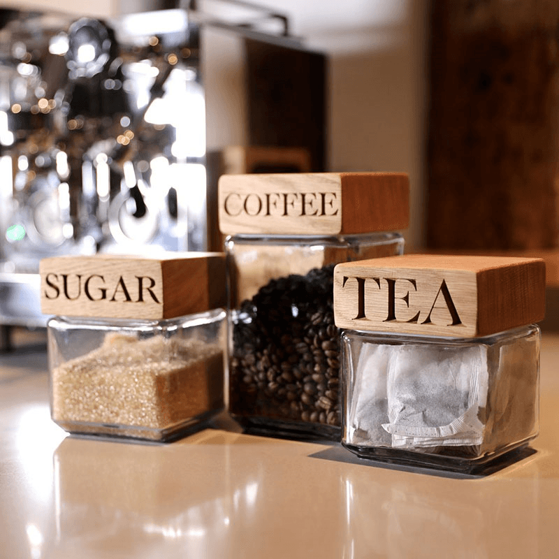 Tea, Coffee, Sugar Storage Jar Set of 3, Oak & Glass