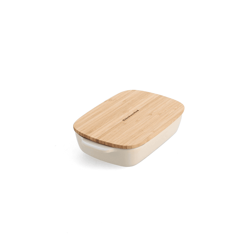 Stoneware Dish with Bamboo Lid, 20cm, Almond Cream