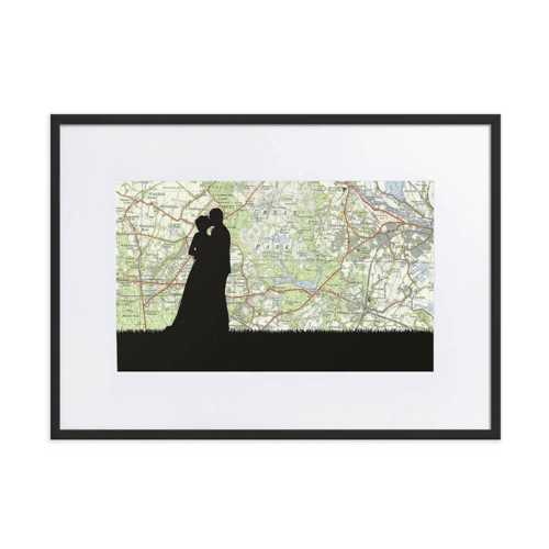 Image showing the Personalised Map Print with Wedding Silhouette Voucher, 40 x 30cm, Black Frame product.