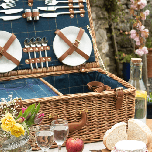 Image showing the Blue Tweed Picnic hamper - 4 person, 58 x 38 x 22cm, Light Willow product.