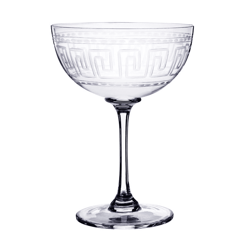 Greek Key Set of 2 Crystal Champagne Saucers, 150ml, Clear
