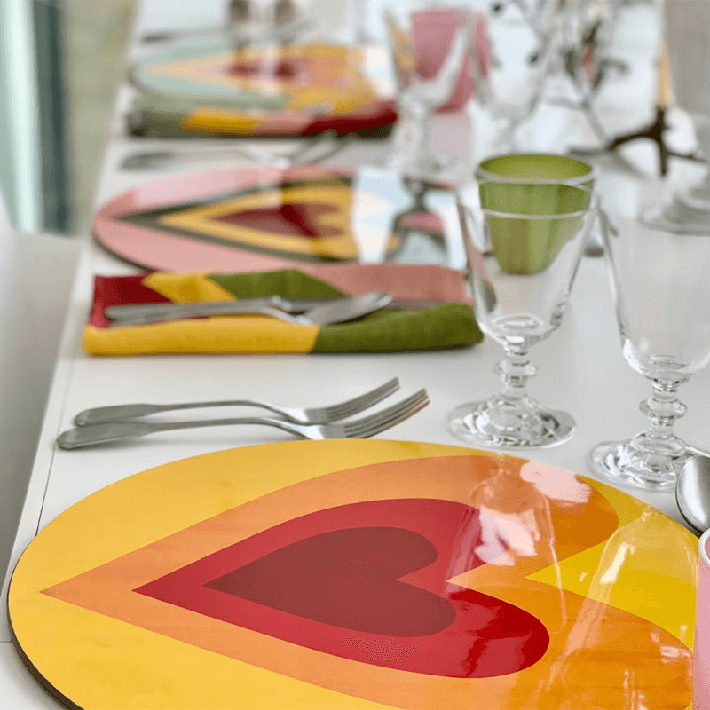 Heart Set of 6 Round Assorted Placemats, D34cm, Multi
