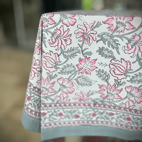 Image showing the Rose & Gris Flowers Tablecloth, 170 x 270cm, Pink product.