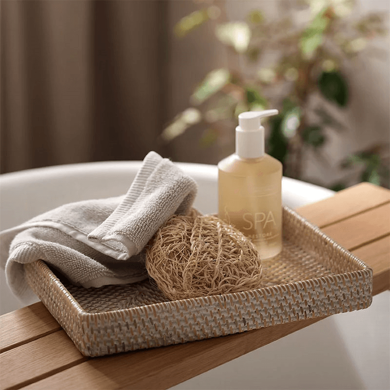 Natural Woven Whitewashed Rattan Vanity Tray, White