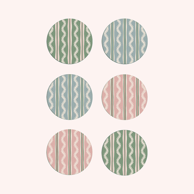 Vines Set of 6 Coasters, D10cm, Green & Pink