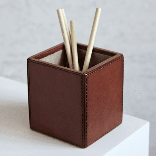Image showing the Pen Pot, Square, Tan Leather, 10cm product.