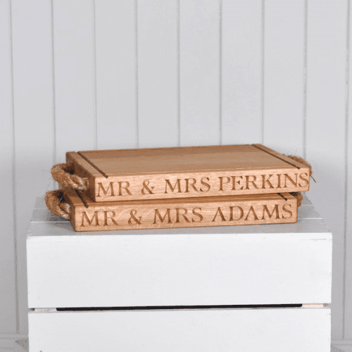 Engraved Thick Rectangular Board with Rope Handles, Oak, 40 x 30 x 4.5cm