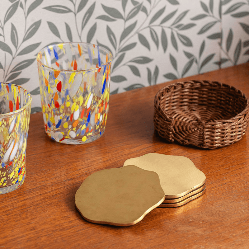 Wavy Set of 4 Brass Coasters, Natural