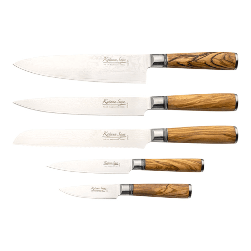 Image showing the Katana Saya Olive Wood 6 Pce Knife Block Set product.