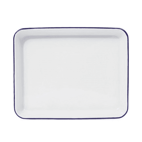 Image showing the Enamel serving tray, L28 x W22 x H3.5cm, white with blue rim with blue rim product.