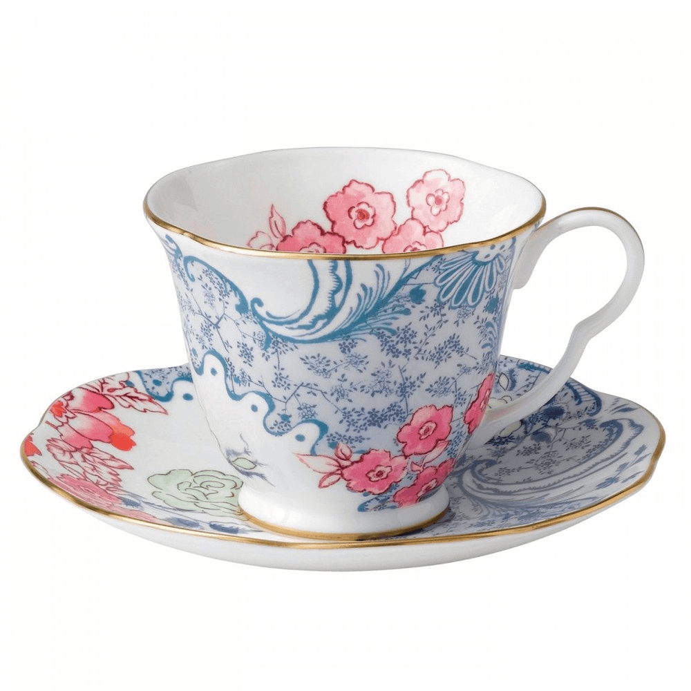 Harlequin Collection - Butterfly Bloom Teacup and saucer, Blue And Pink