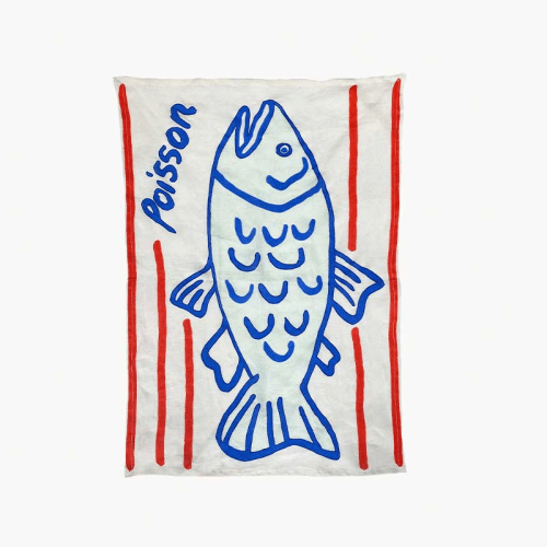 Image showing the Poisson Embroidered Tea Towel, 50 x 70cm, Blue/White product.