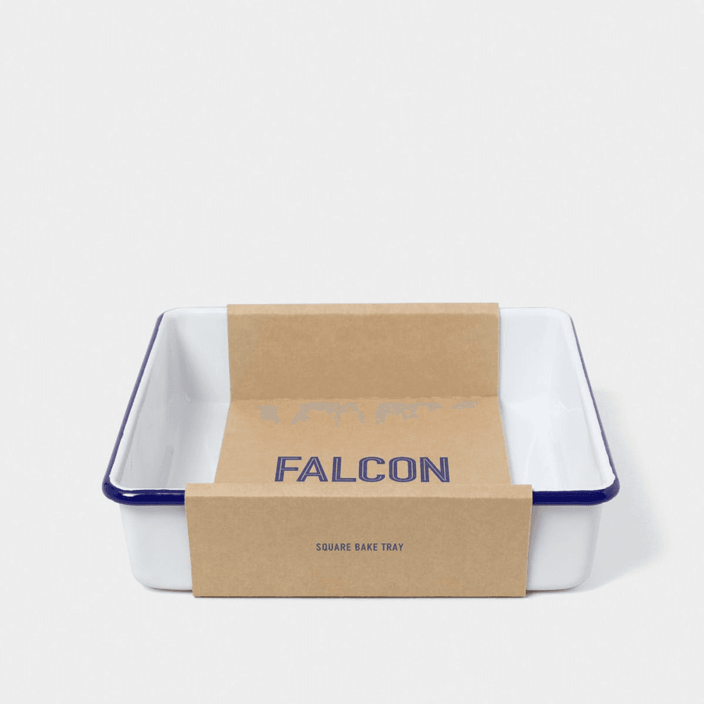 Square Bake Tray, White with Blue Rim