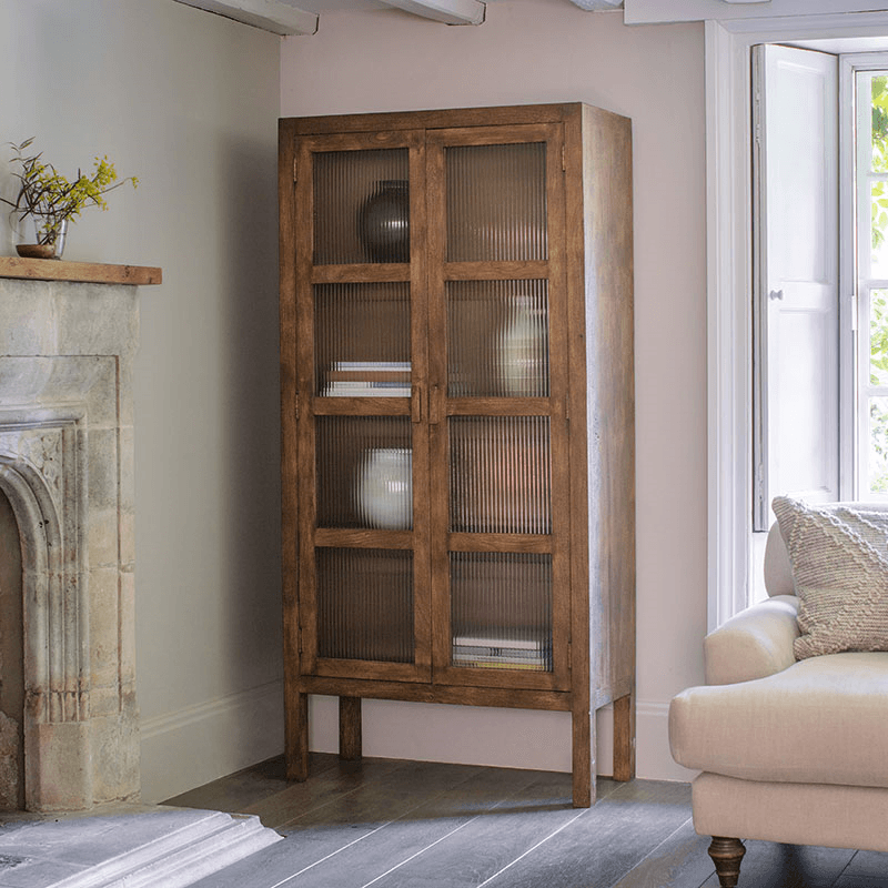 Mendani Mango Wood & Fluted Glass Cabinet, Walnut