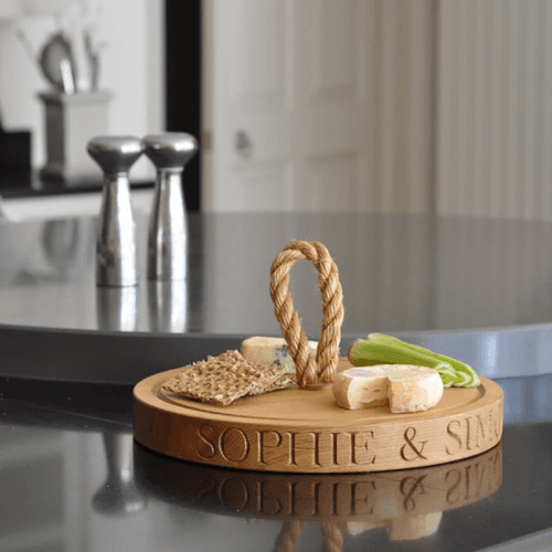 Image showing the Personalised Thick Round Board with Rope Handle, Oak product.