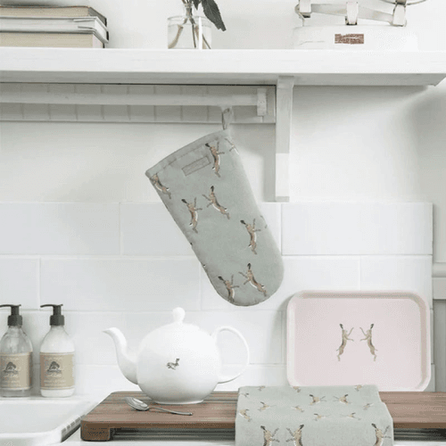 Image showing the Boxing Hares Oven Mitt, Duck Egg Grey product.