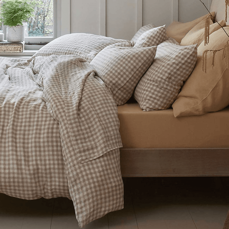 Gingham Linen Flat Sheet, Double, Mushroom