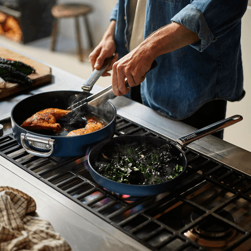Image showing the Space Folding Ceramic Non-Stick 2 Piece Frying Pan Set, Midnight Blue product.