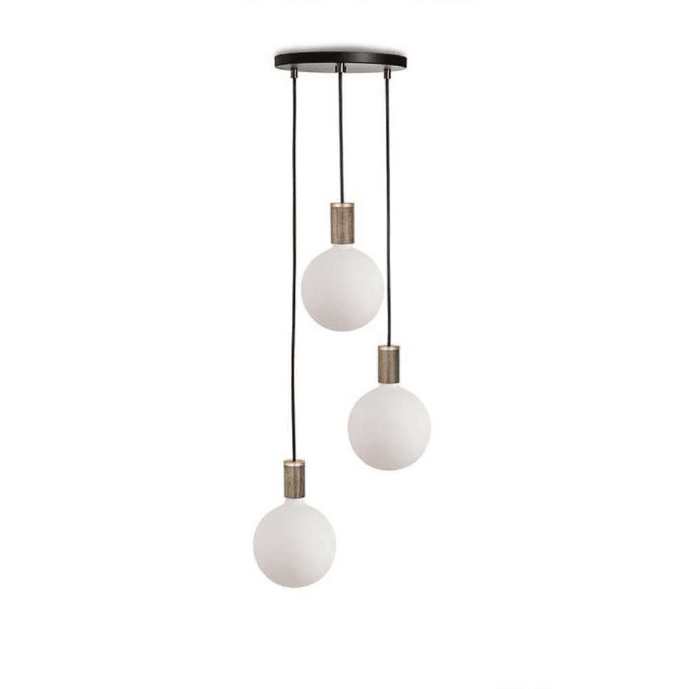 Canopy & Sphere Bulb Triple ceiling plate & pendant set, H400 x W25cm, Black & Walnut
