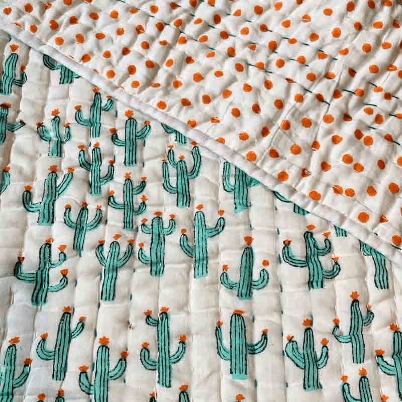 Cacti Blockprint Reversible Padded Quilt, 110 x 152cm, White/Jade Green