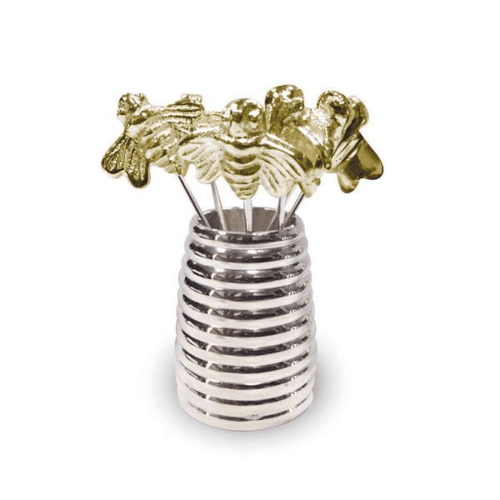 Image showing the Bee Set of 6 large olive picks and holder, H5cm, Silver product.