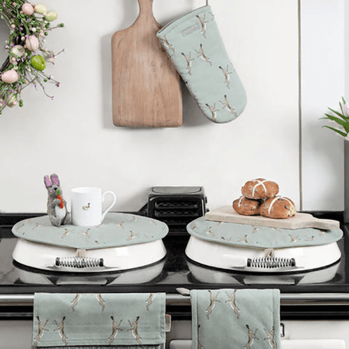 Image showing the Boxing Hares Round Hob Cover, D38cm, Duck Egg Grey product.