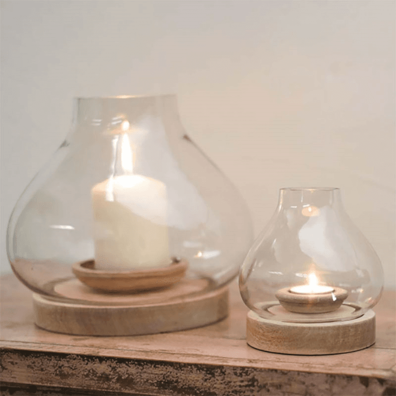 Naryla Lantern, H25cm, Mango Wood & Glass