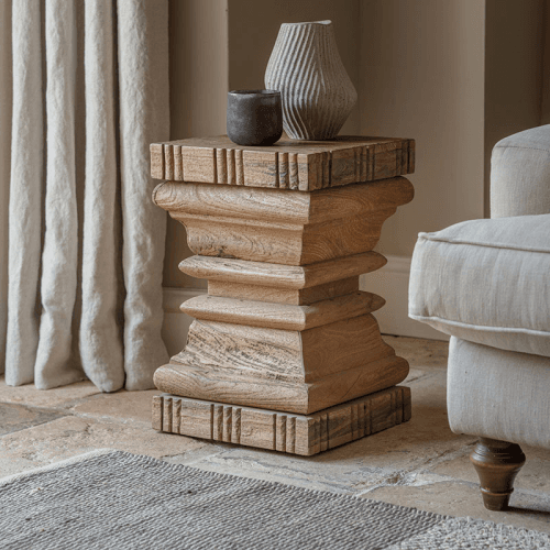 Image showing the Disha Carved Mango Wood Side Table, Natural product.