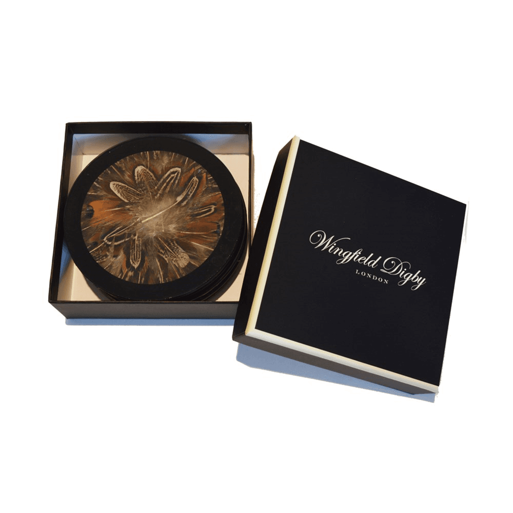 Feather and Glass Set of 6 Coasters, D10cm, Cock Pheasant