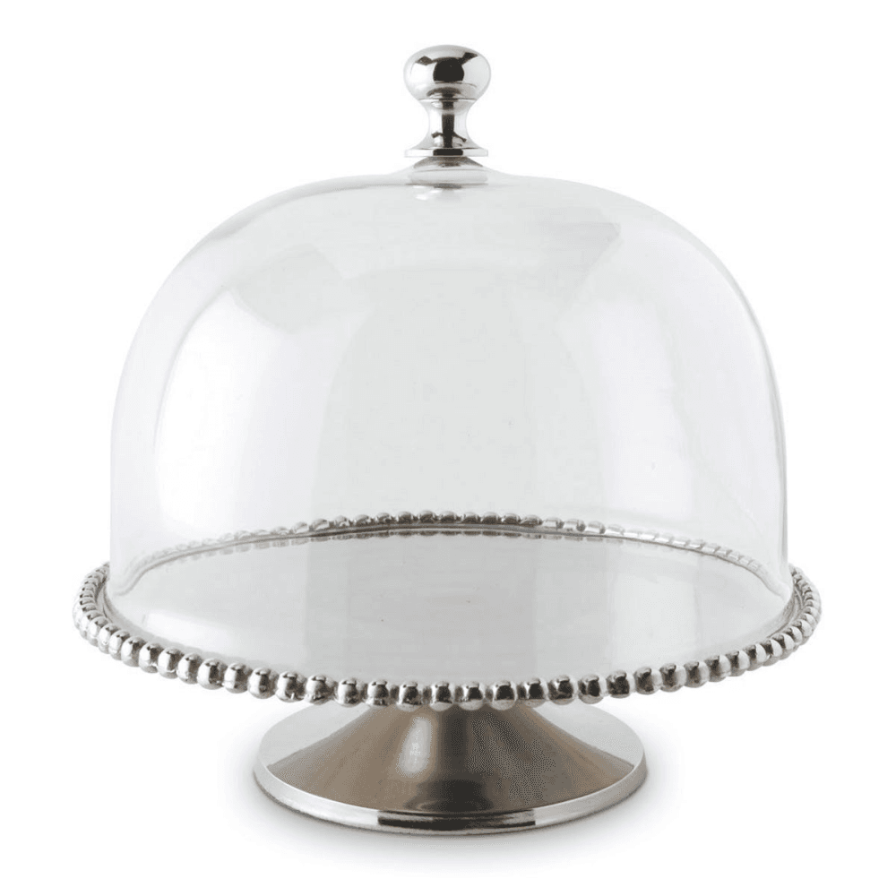 Beaded Edge Cake stand with domed lid - large, 30 x 30cm, Aluminium, Nickel And Glass