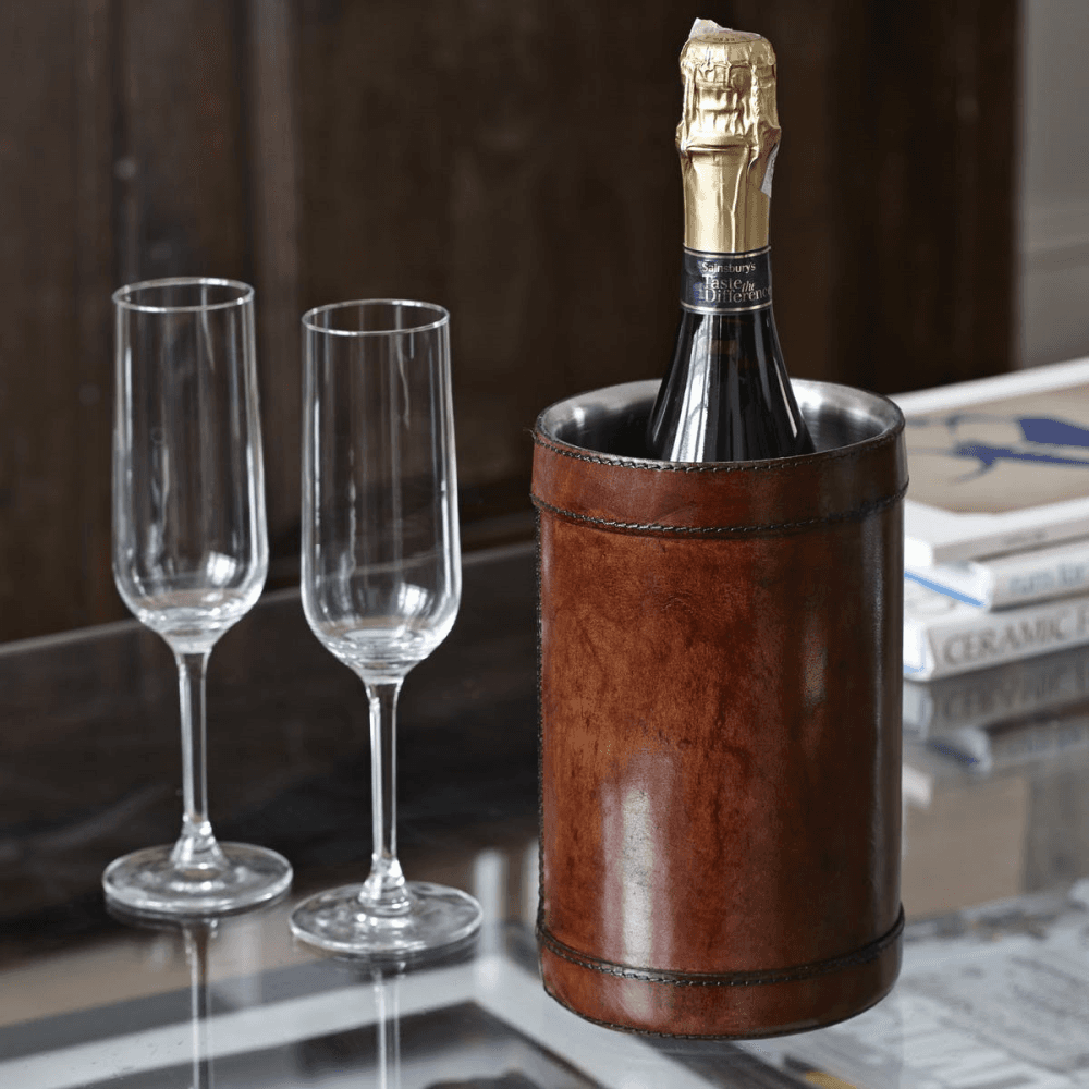 Single wine cooler, H21 x D13.5cm, Tan Leather