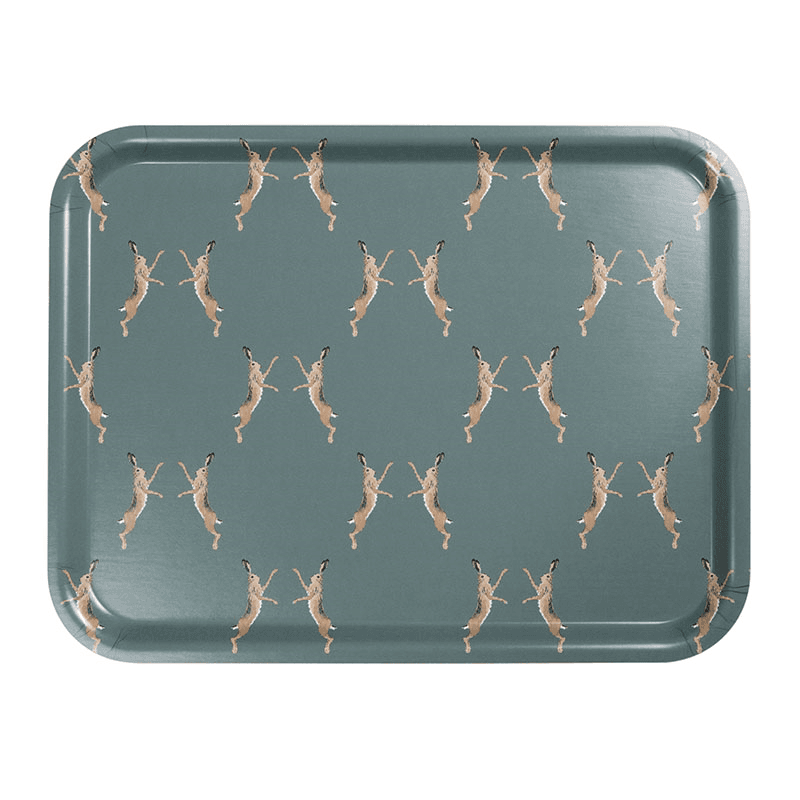 Boxing Hares Large Printed Tray, Blue