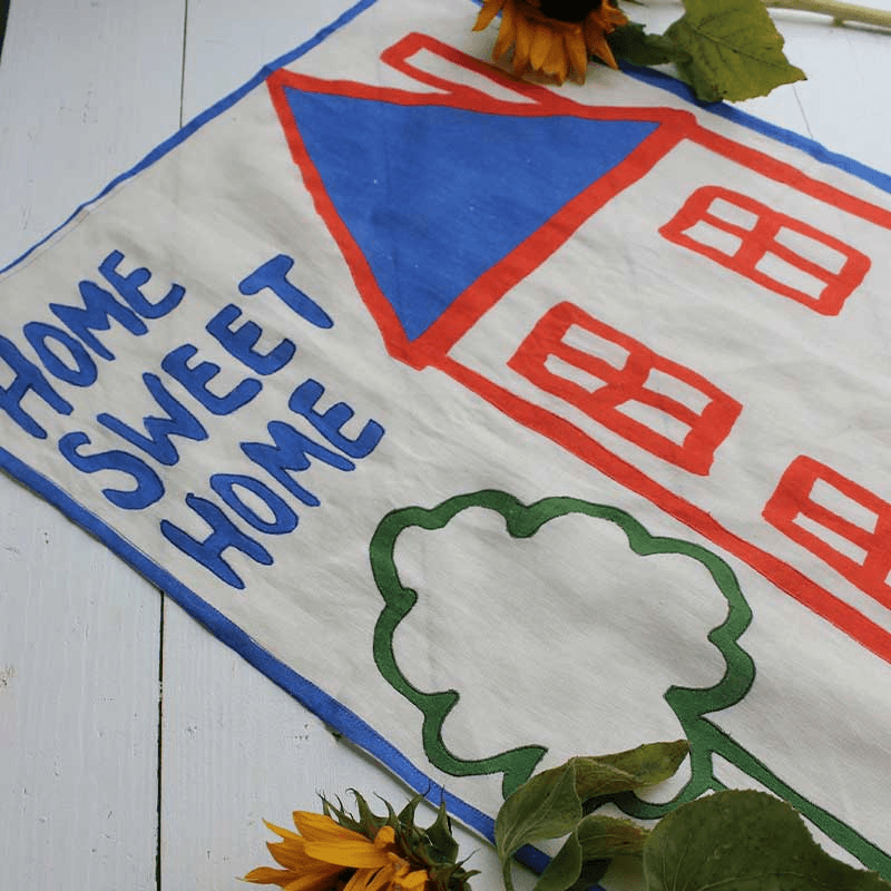 Home Sweet Home Embroidered Tea Towel, 50 x 70cm, Blue/White