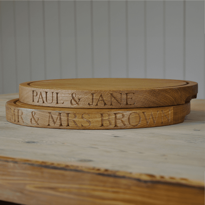 Engraved Thin Round Board with Grooves Handles, Oak 38 x 3.5cm