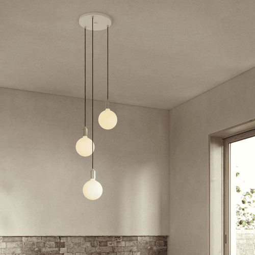 Image showing the Canopy & Sphere Bulb Triple ceiling plate & pendant set, H400 x W25cm, White & Brass product.