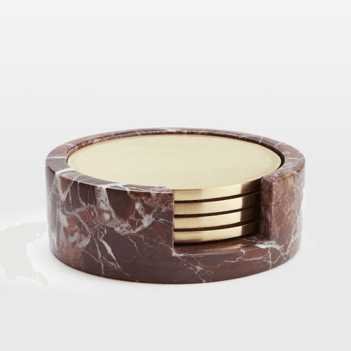 Image showing the Kirtle Set of 4 Metal Coasters in Marble Holder, H4 x W11 x D11cm, Red product.