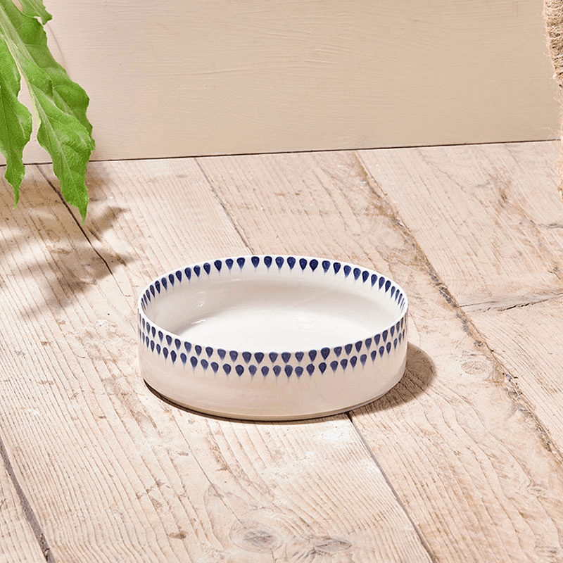 Indigo Drop Ceramic Pet Bowl, D15cm, Cream