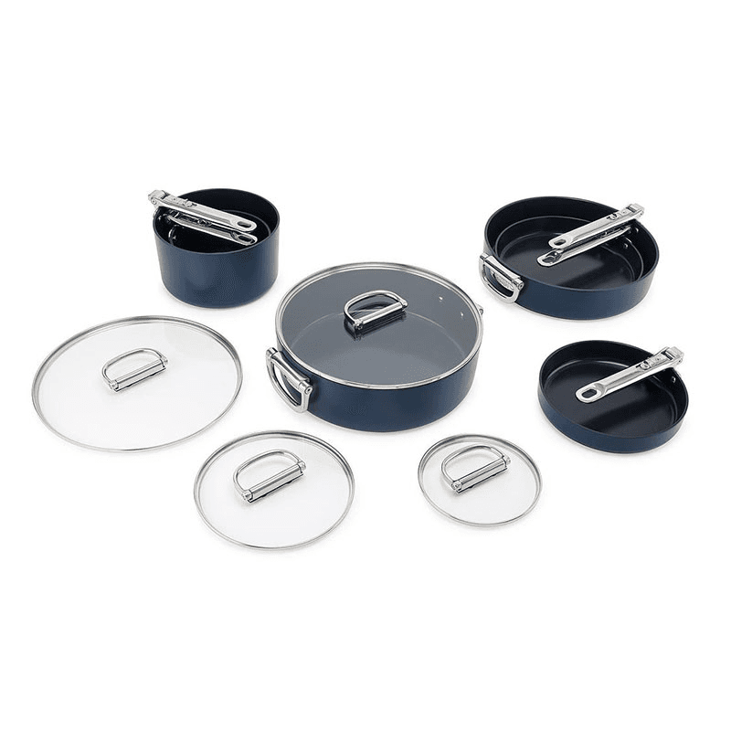 Space Folding Handle Ceramic Non-Stick 6 Piece Cookware Set, Midnight Blue