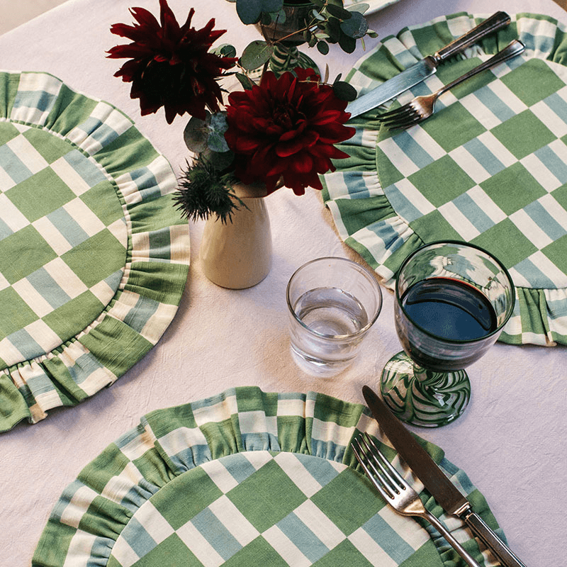 Checkers Reversible Placemat, D39cm, Green & Blue
