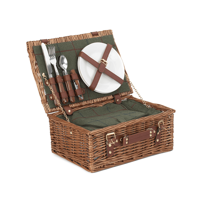 Tweed 2 Person Classic Picnic Hamper, Green