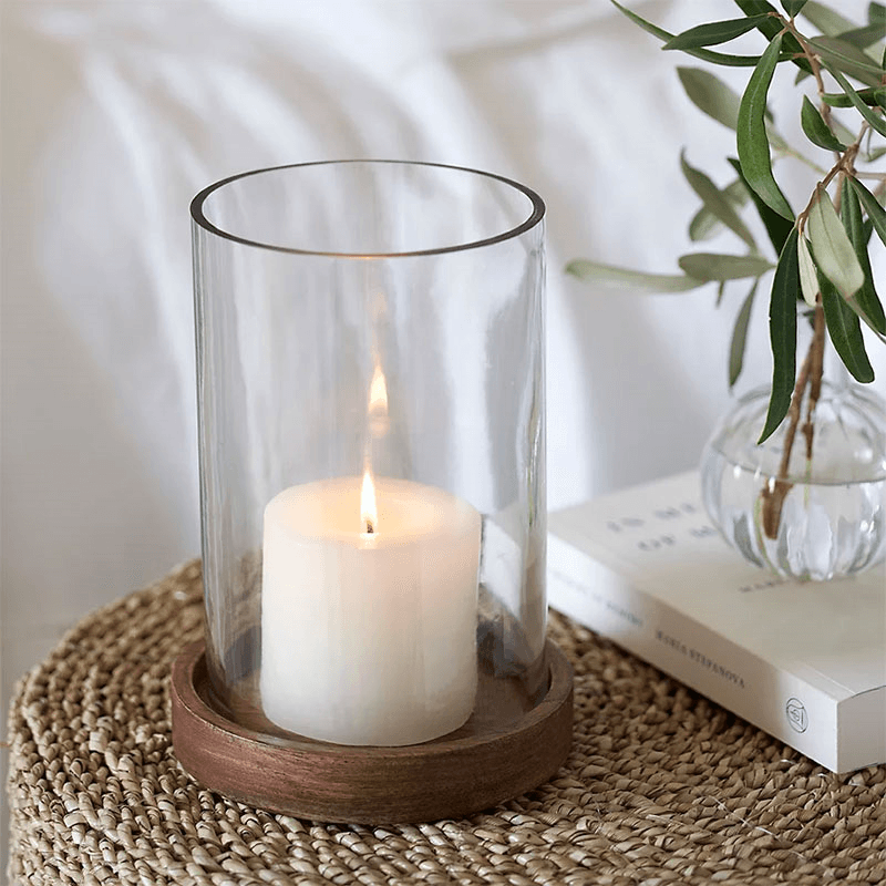 Mango Wood Hurricane Candle Holder, H19.5cm, Clear