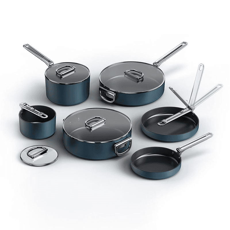 Space Folding Handle Ceramic Non-Stick 6 Piece Cookware Set, Midnight Blue